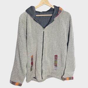 Himachali Kullu Hoodie Grey Medium Cotton Zip Embroidered Boho Nepal